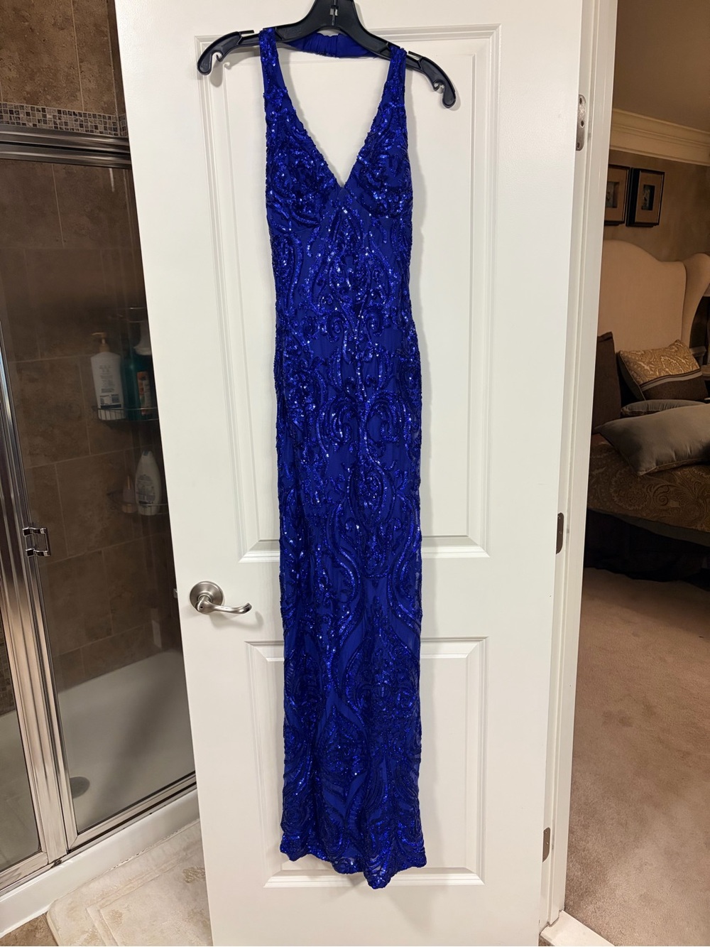 B Darlin Juniors' Sequined Halter V-Neck Open-Back Gown - Size 3/4